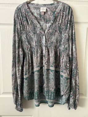 Knox Rose Teal and Gray Paisley Smocked Peasant Top Lg